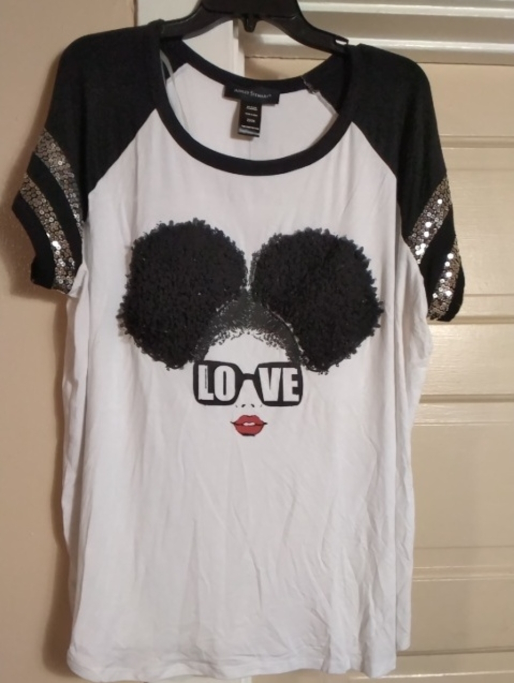 Love Graphic Raglan Tee with Sequin Sleeve - Black & White